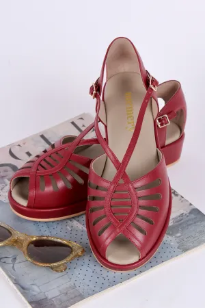1940s style summer sandals /  wedges - Burgundy / maroon red - Katharine
