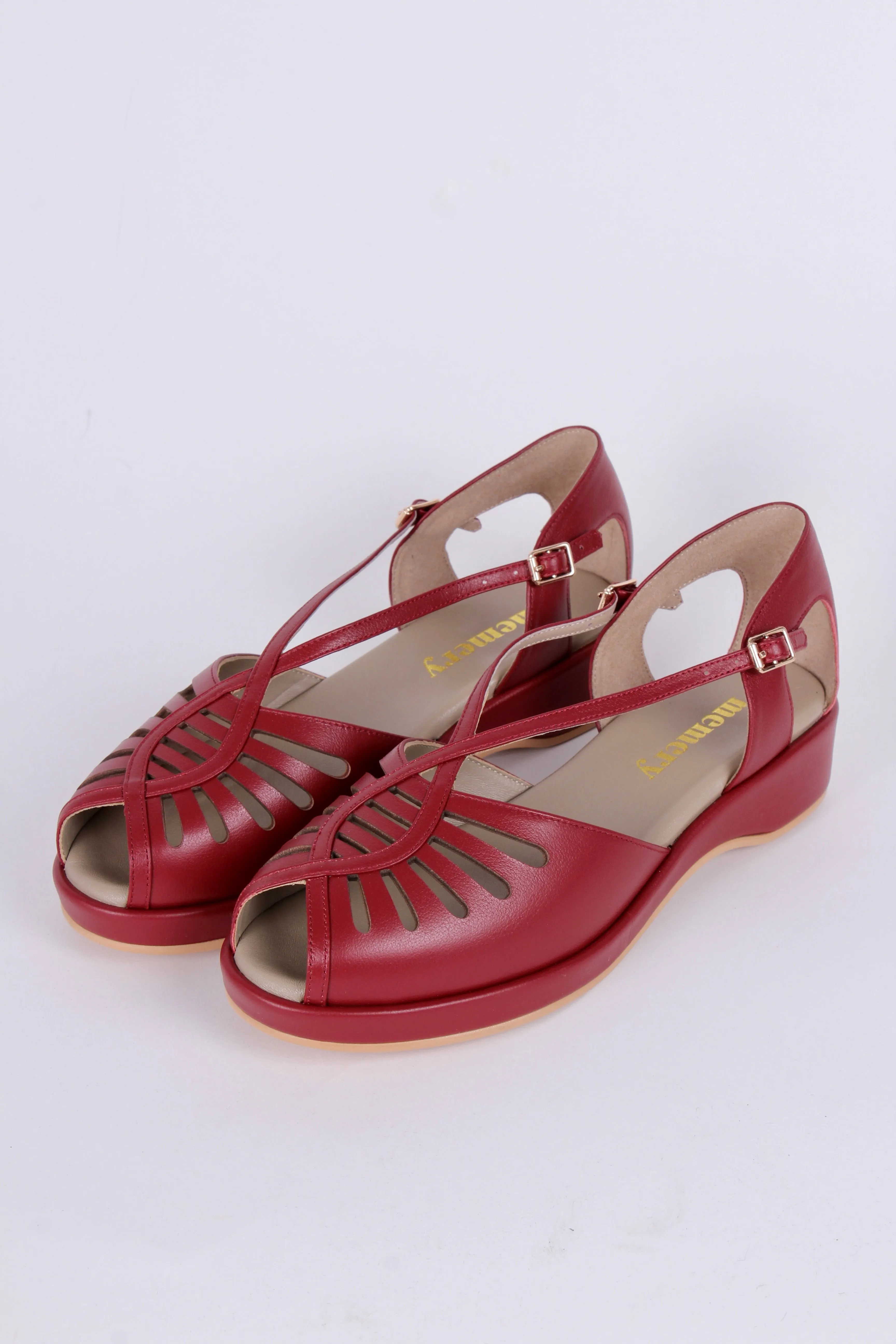 1940s style summer sandals /  wedges - Burgundy / maroon red - Katharine