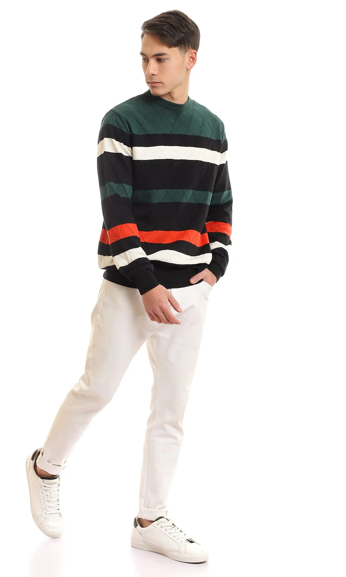 96950 Striped Elastic Hem Slip On Pullover - Black, Olive, White & Red