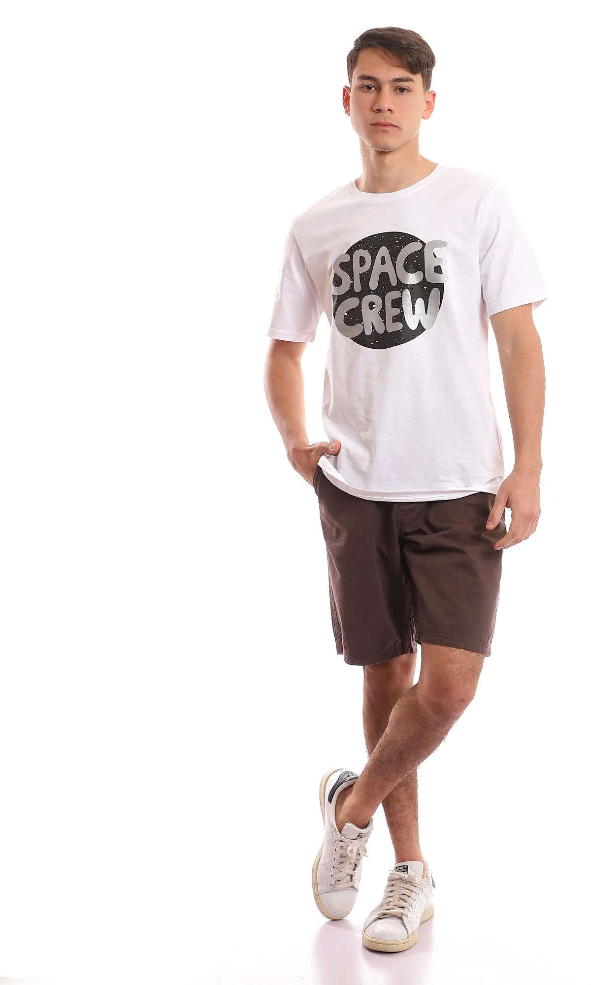 97390 " Space Crew " Circular Printed Pattern White T-Shirt