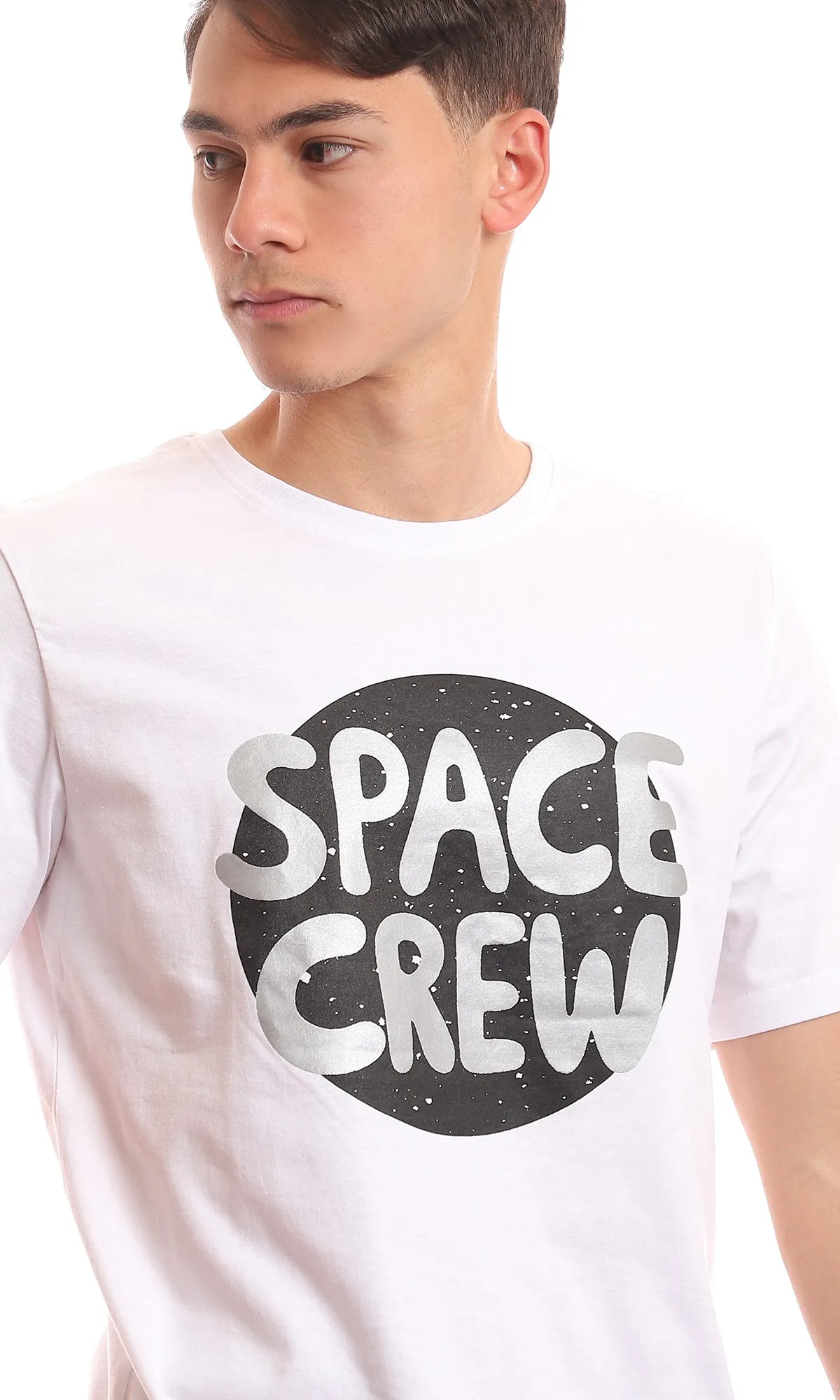 97390 " Space Crew " Circular Printed Pattern White T-Shirt