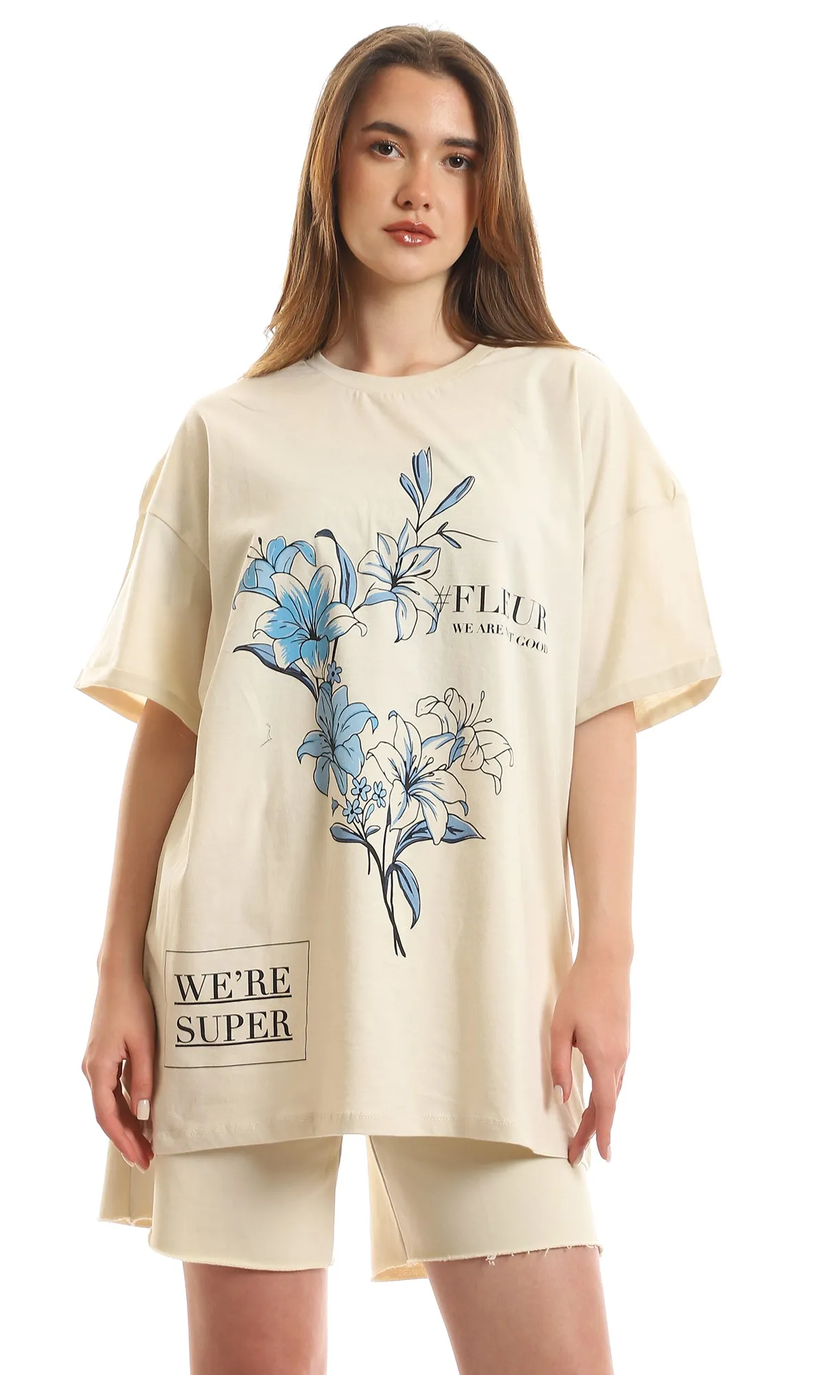 97619 Floral Printed Short Sleeves Light Beige Tee