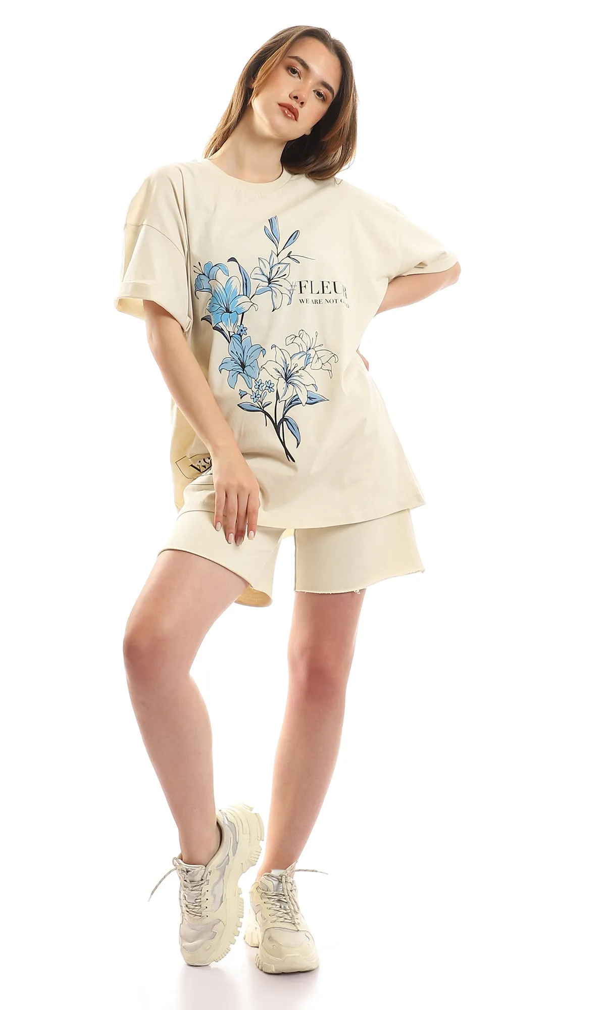 97619 Floral Printed Short Sleeves Light Beige Tee