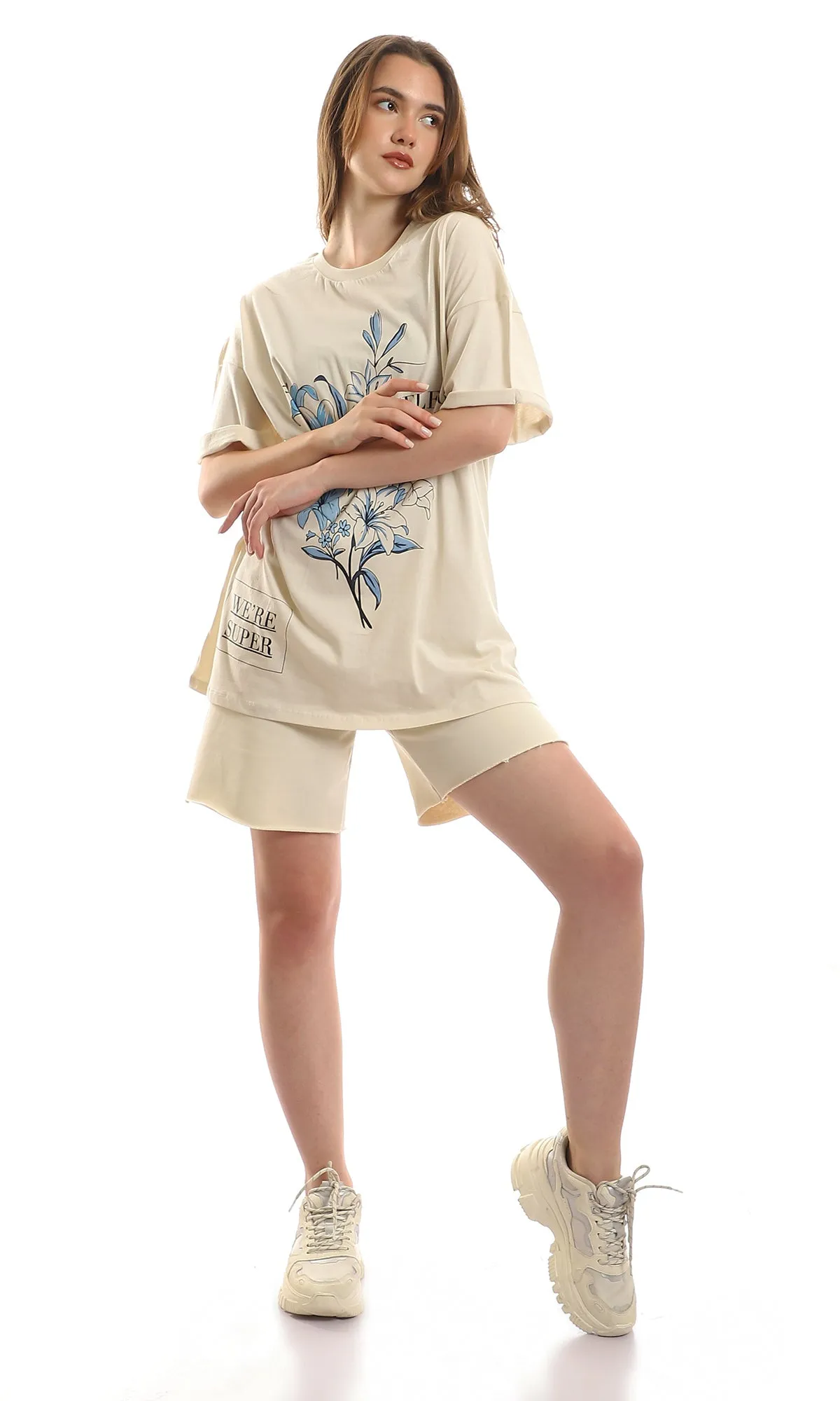 97619 Floral Printed Short Sleeves Light Beige Tee