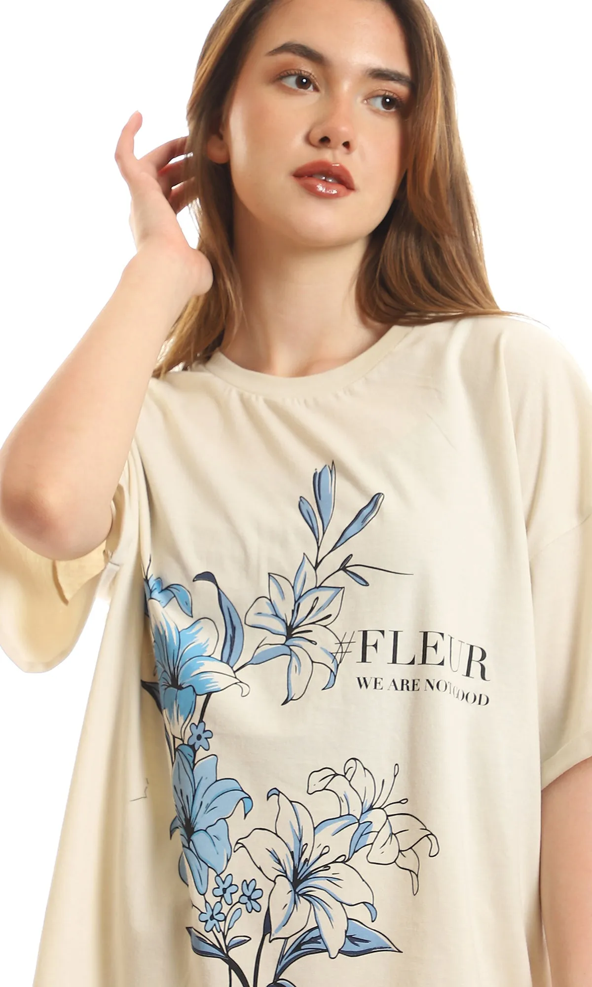 97619 Floral Printed Short Sleeves Light Beige Tee