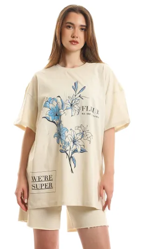 97619 Floral Printed Short Sleeves Light Beige Tee