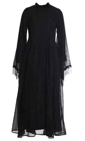 Black Fringes Lace Intricate Abaya