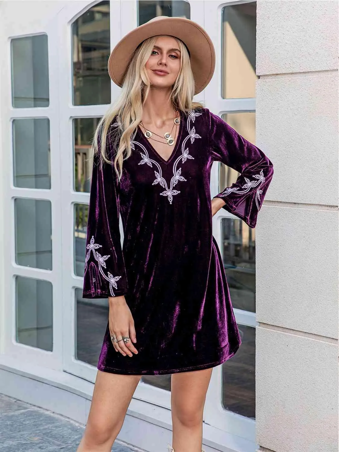 Chic V-Neck Mini Dress with Stylish Slit Sleeves