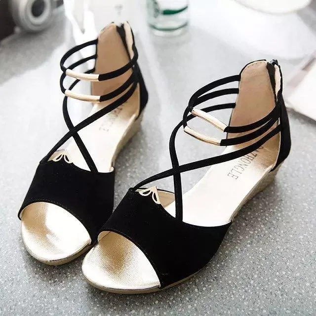 Chicvane Criss-Cross Straps Open Toe Zipper Closure Flat Sandals