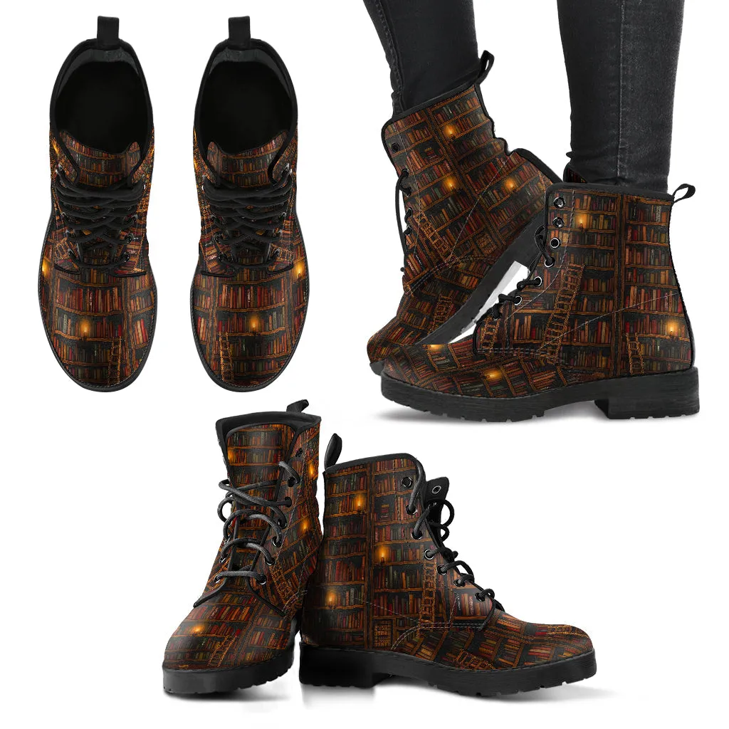 Combat Boots for Women - Books | Unique Custom Faux Leather Shoes, Cruelty-free Vegan Handmade Lace Up