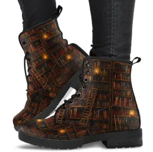 Combat Boots for Women - Books | Unique Custom Faux Leather Shoes, Cruelty-free Vegan Handmade Lace Up