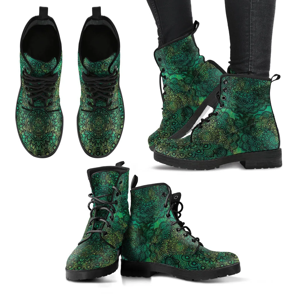 Combat Boots for Women - Mandala 4 Handcrafted Boots | Unique Custom Faux Leather Shoes, Cruelty-free Vegan Handmade Lace Up