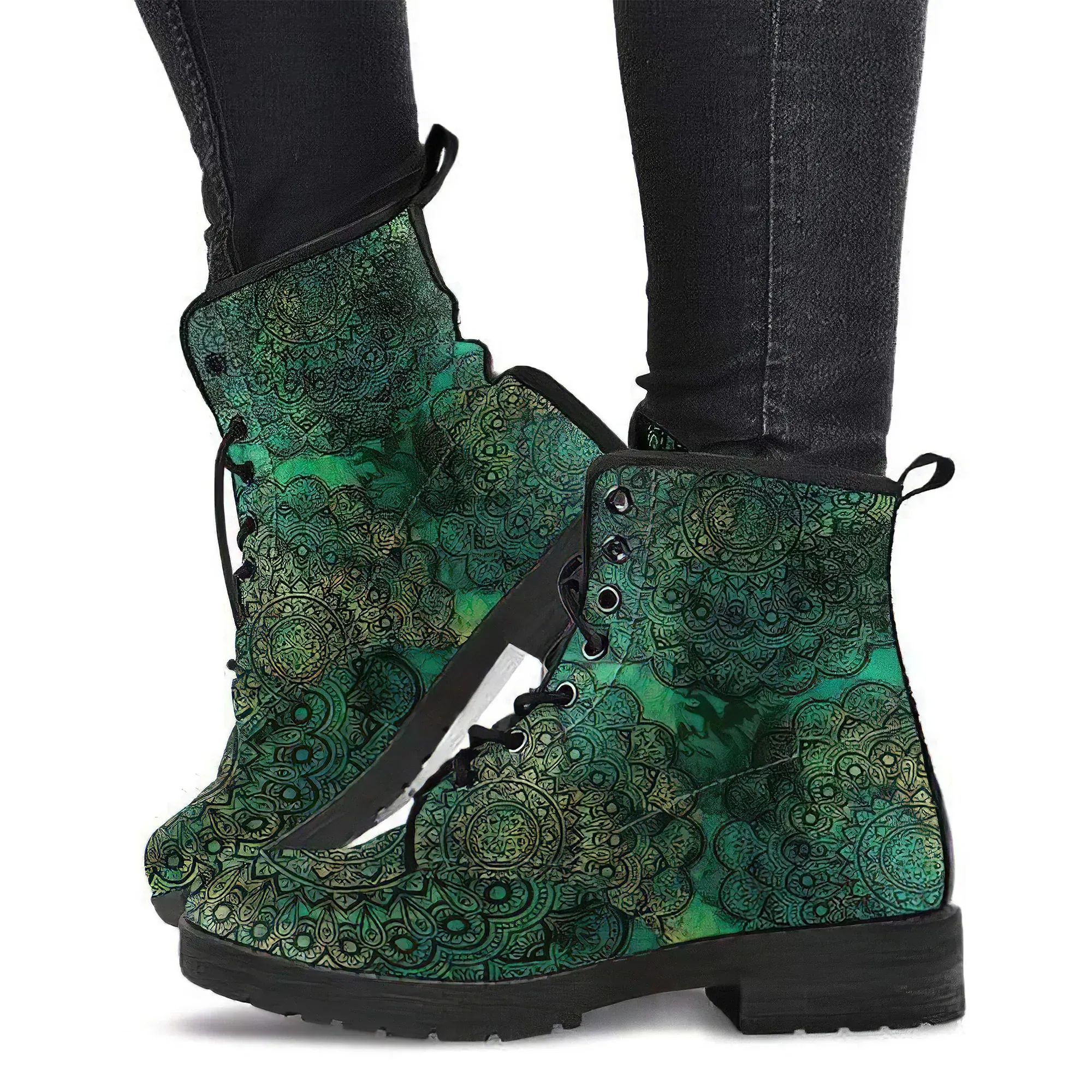Combat Boots for Women - Mandala 4 Handcrafted Boots | Unique Custom Faux Leather Shoes, Cruelty-free Vegan Handmade Lace Up