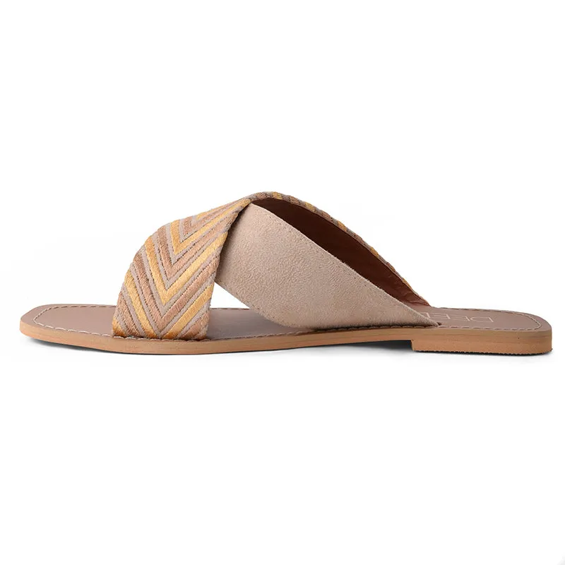 EMBROIDERED CRISS CROSS FLATS- BEIGE