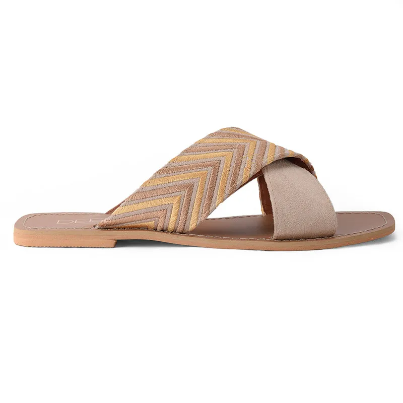 EMBROIDERED CRISS CROSS FLATS- BEIGE