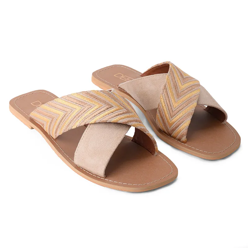 EMBROIDERED CRISS CROSS FLATS- BEIGE