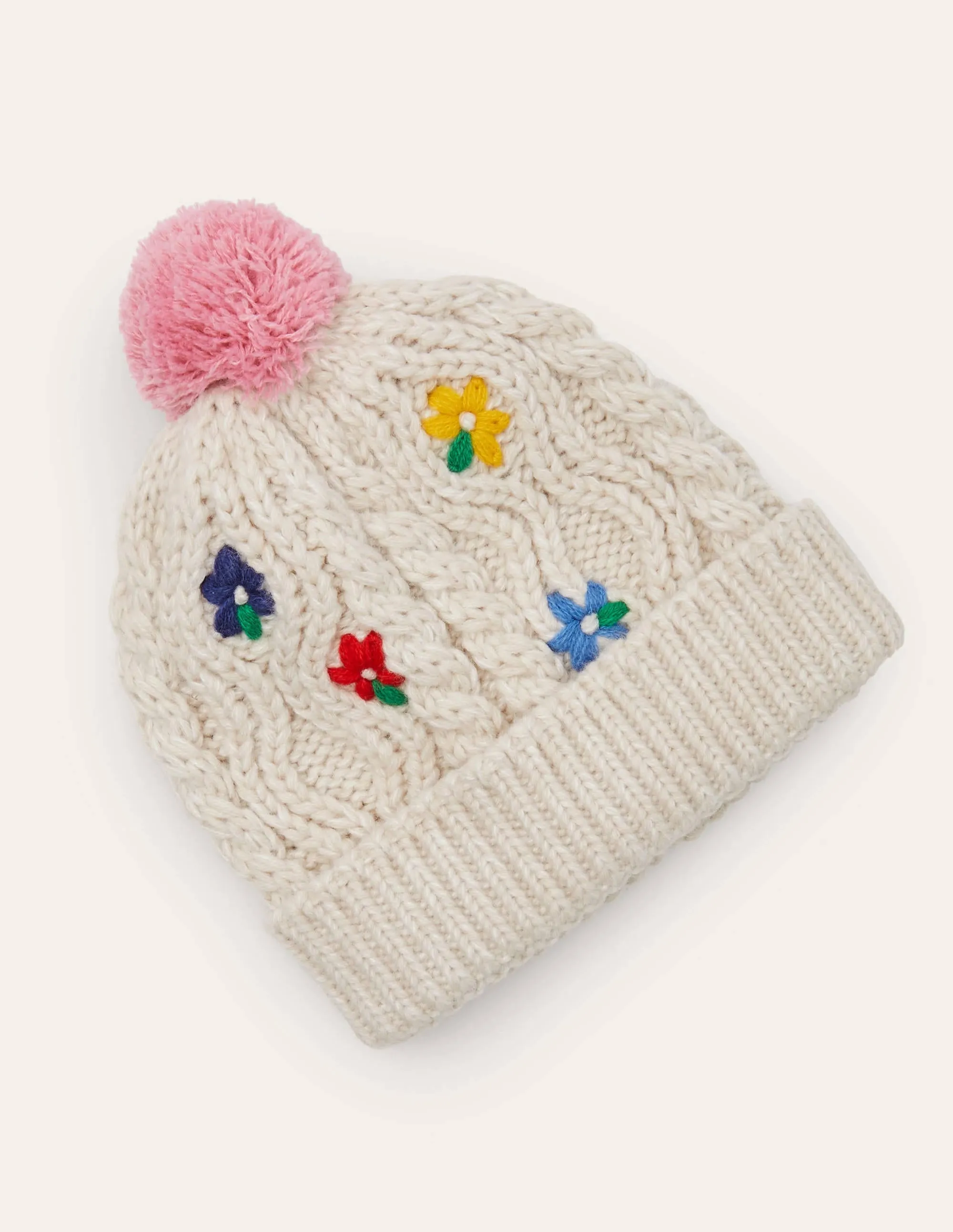 Embroidered Knitted Hat-Ecru Marl