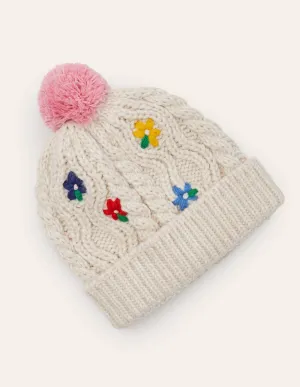 Embroidered Knitted Hat-Ecru Marl