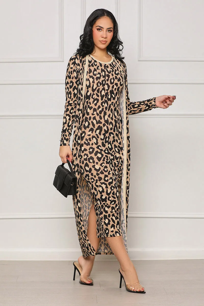 Fierce Lounger Leopard Duster Dress Set (Tan Multi)