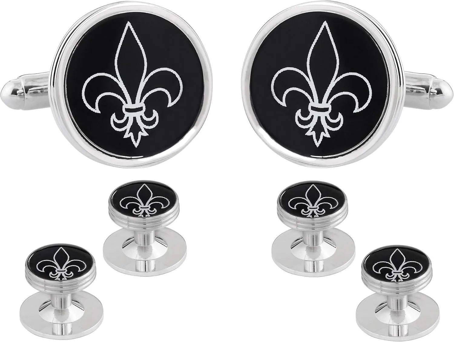 Fleur De Lys Cufflinks and Studs Formal Set Tuxedo in a Presentation Gift Box Black Fleur De Lis Silver Round Wedding