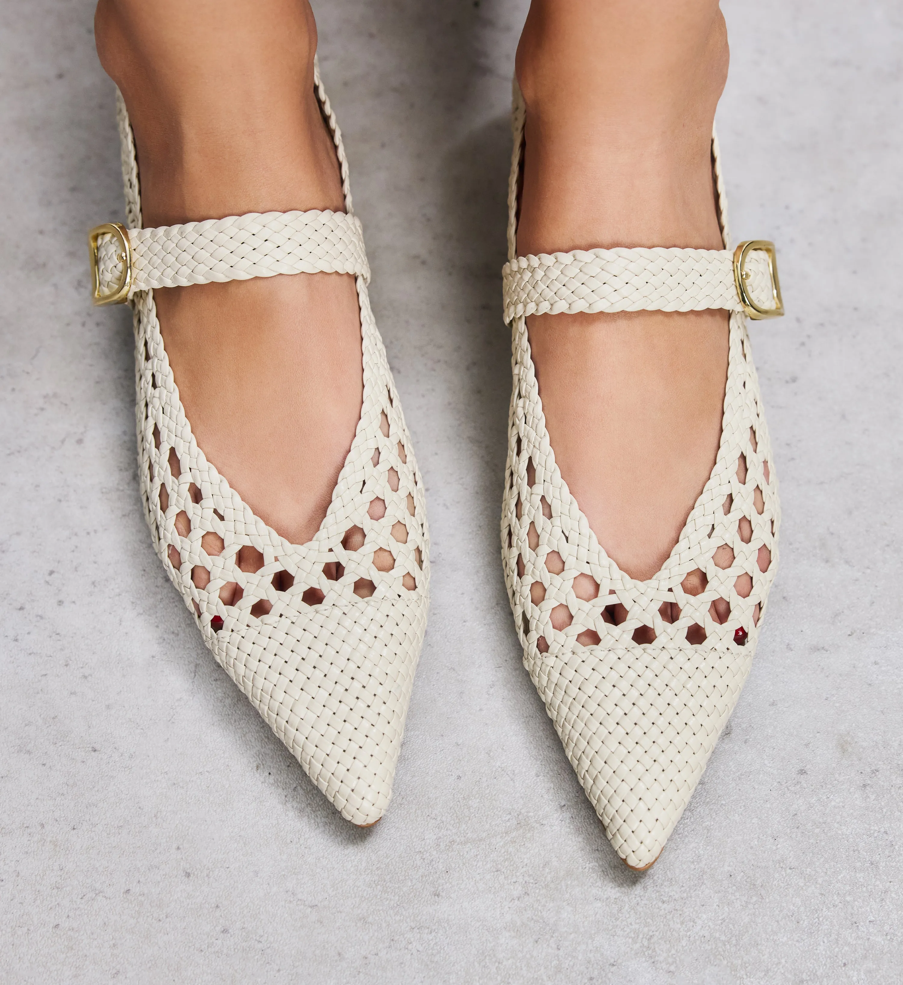 Forktail Ecru Woven Leather Ballet Flats