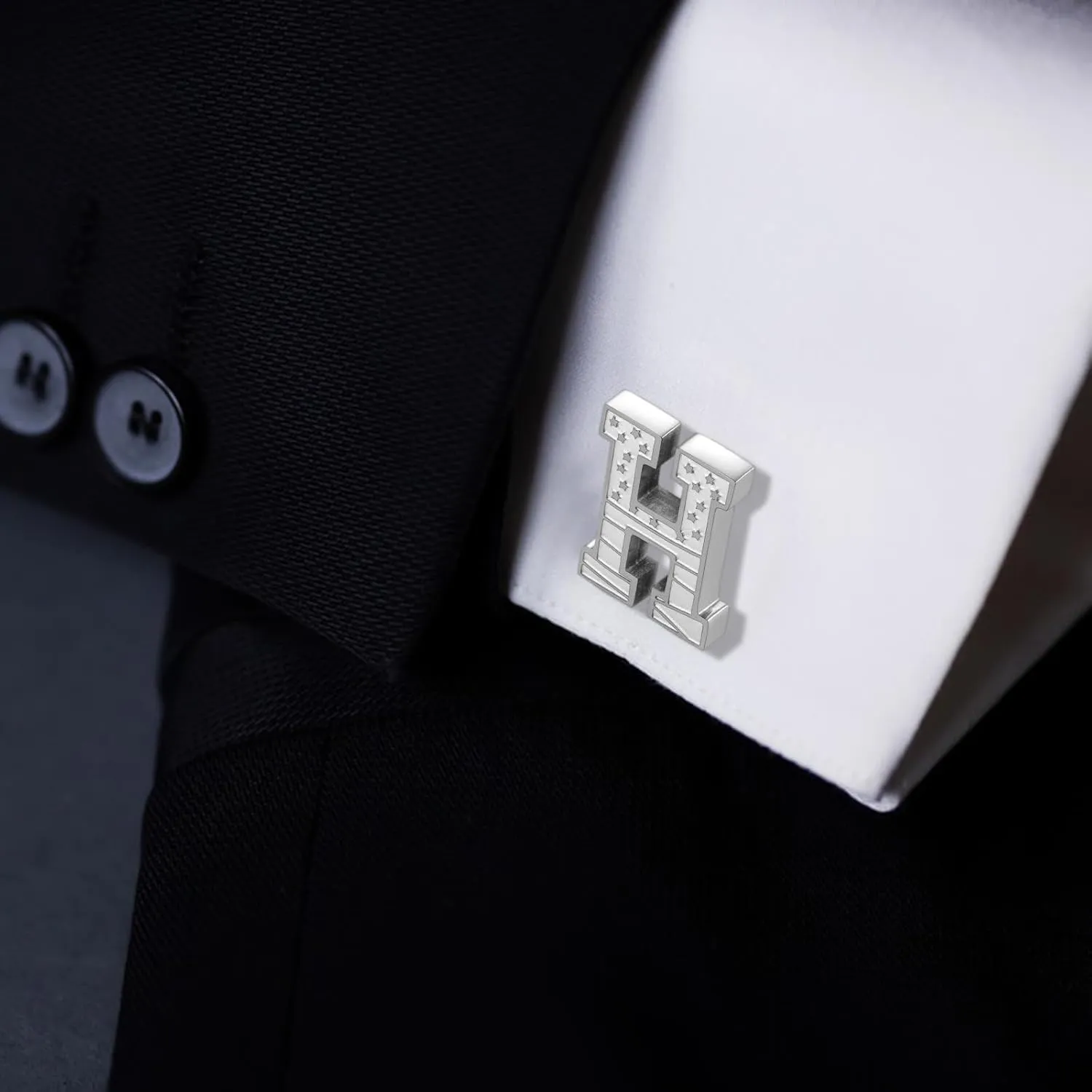 HAWSON Initial Cufflinks for Men with USA Flag Design, Classic Silver Cuff Links with Letter Monogram Suits Shirt Studs for Wedding Party