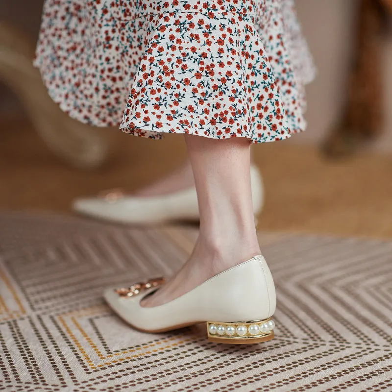 Janae Beige Flats with Pearls and Gold Chain