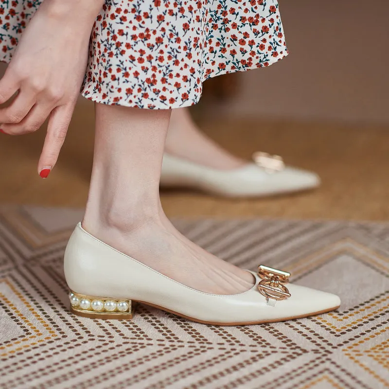 Janae Beige Flats with Pearls and Gold Chain