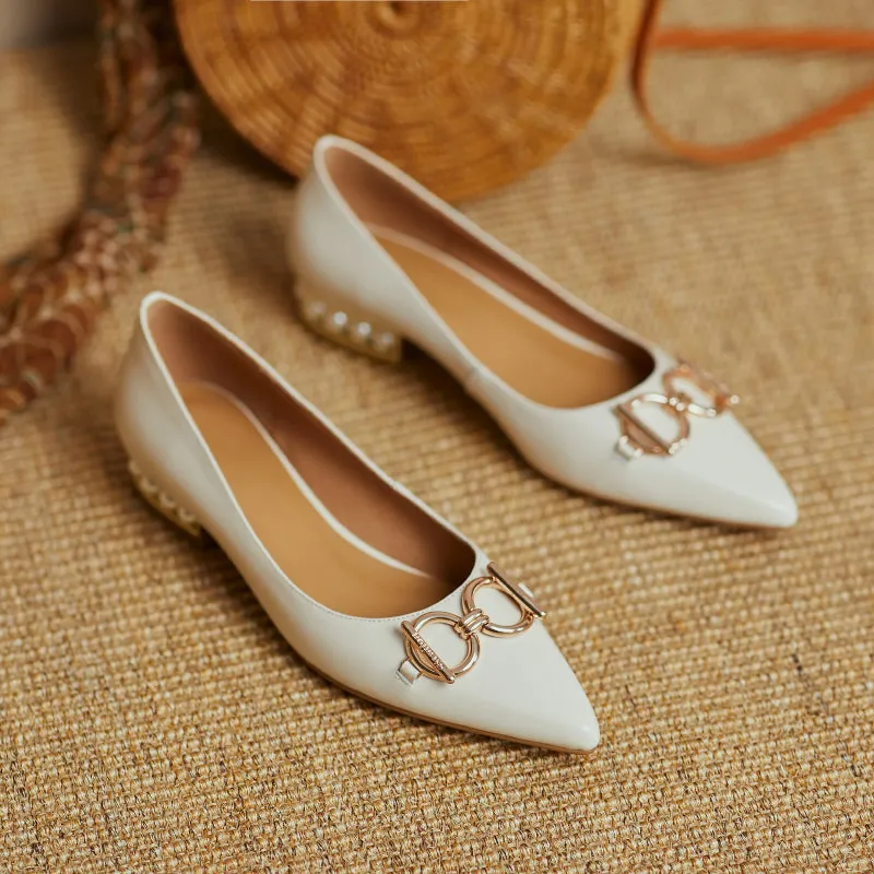 Janae Beige Flats with Pearls and Gold Chain