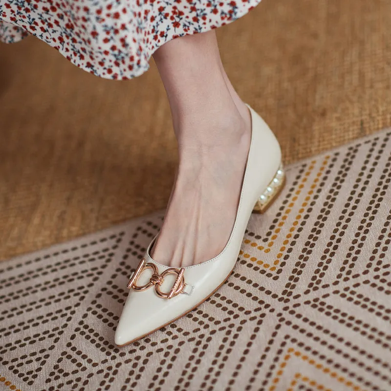 Janae Beige Flats with Pearls and Gold Chain