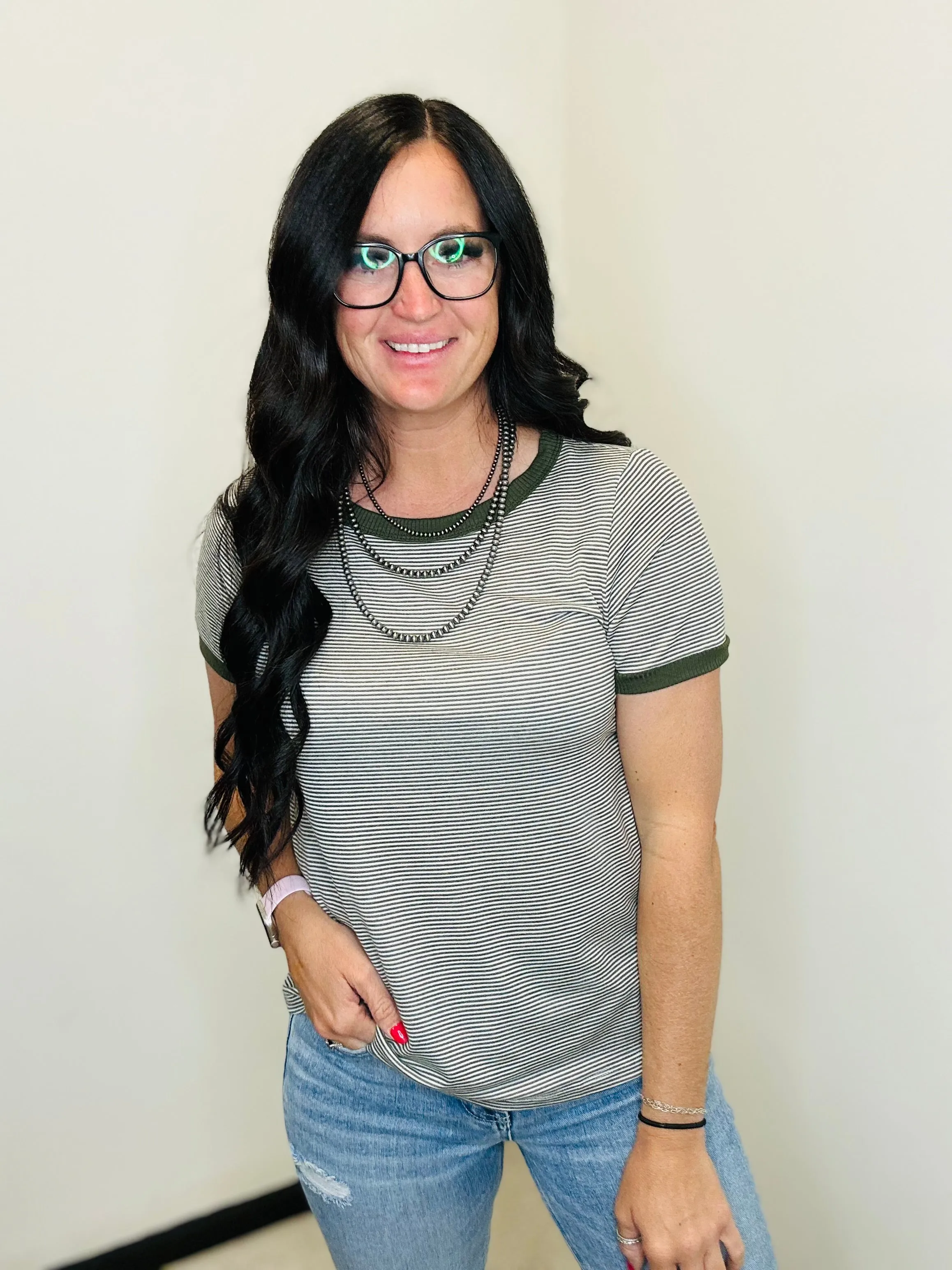 Jenny Olive Stiped Short Sleeve Top