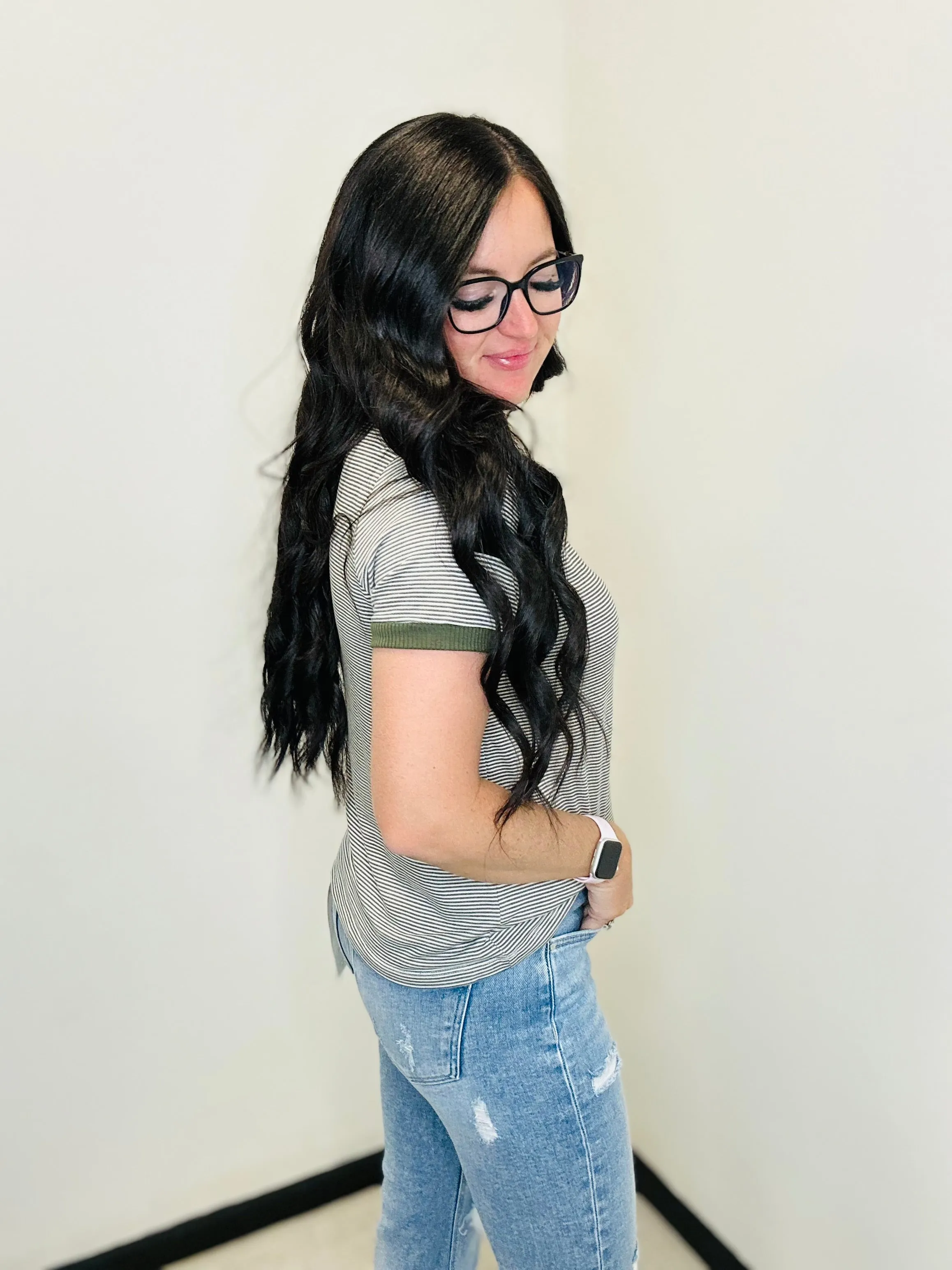 Jenny Olive Stiped Short Sleeve Top