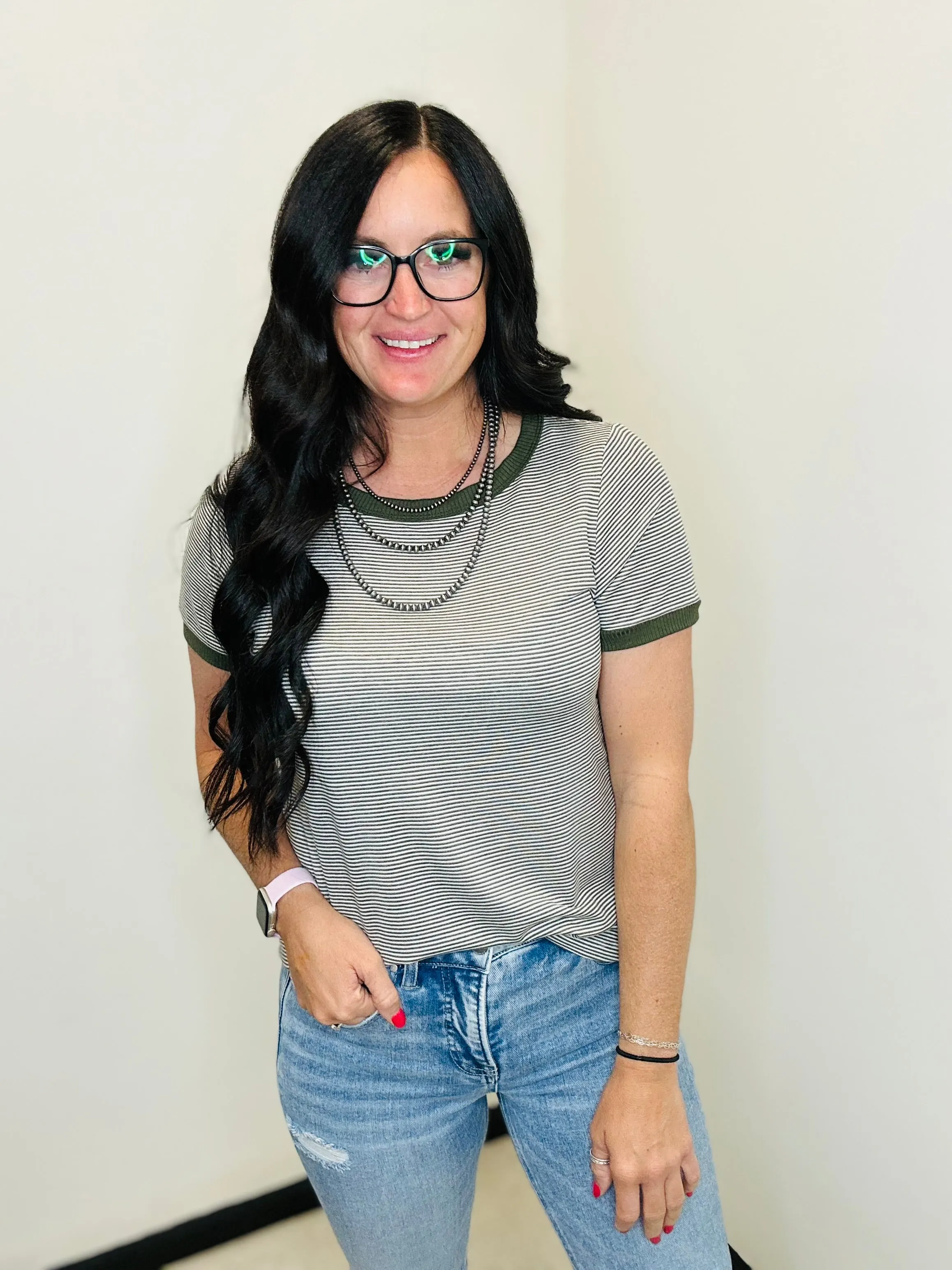 Jenny Olive Stiped Short Sleeve Top