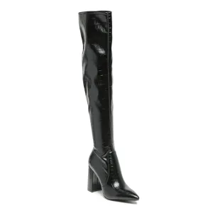 Knee High PU block Heeled Boot In Black