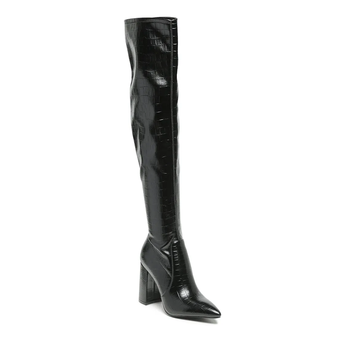 Knee High PU block Heeled Boot In Black
