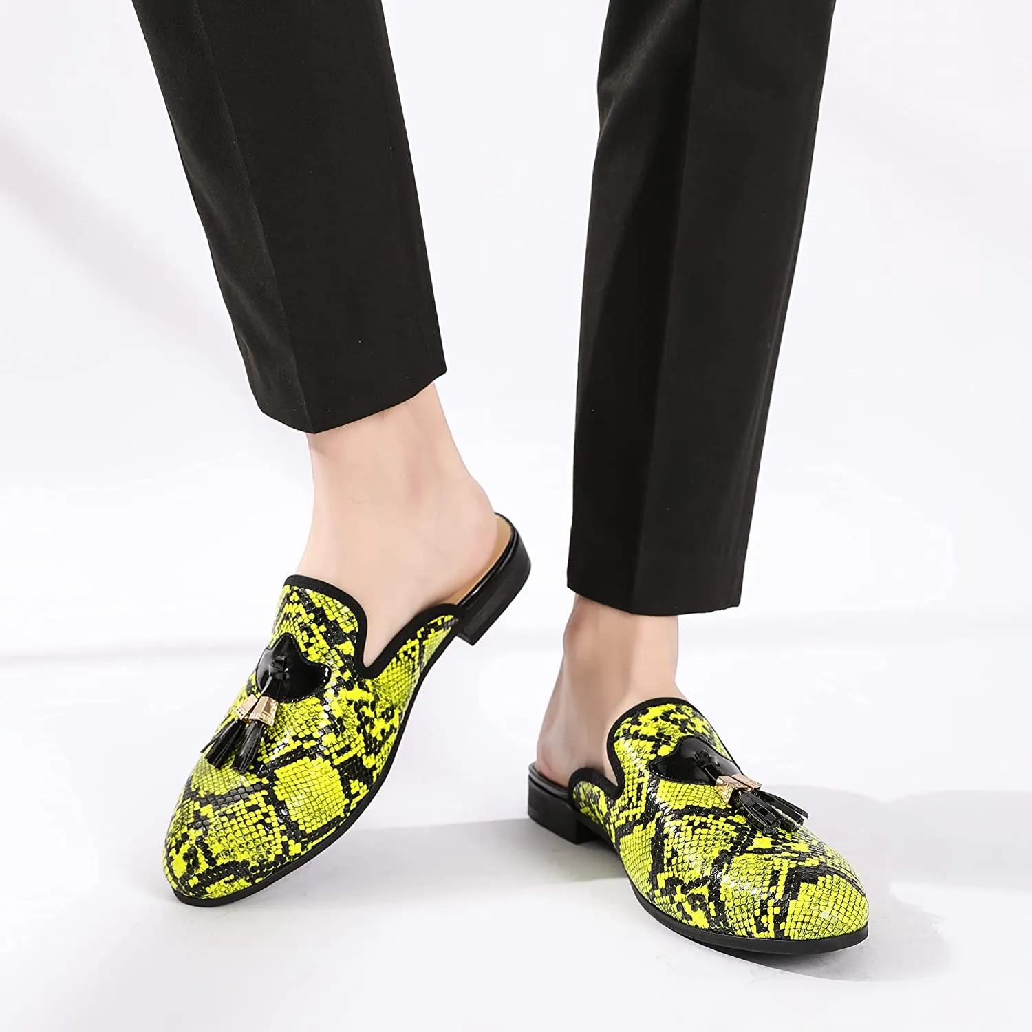 Men's Leather Neon Yellow Snakeskin Tassel Slip On Shoes