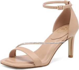 Pasuot Strappy Heels for Women - Open Square Toe Sparkly Stiletto Heel, Rhinestone Straps High Heeled Sandals for Party Prom Homecoming Office Wear, Gold Silver Black Nude, Not for Wide Feet