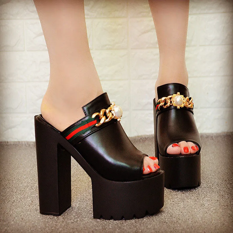 Patchwork PU Chunky Heel Peep-toe Slipper High Heel Sandals