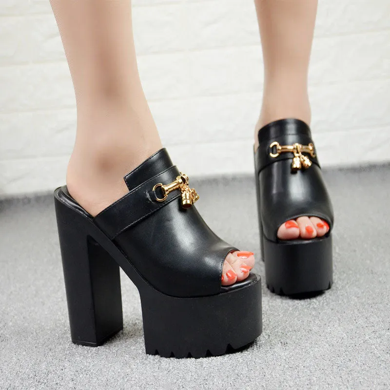 Patchwork PU Chunky Heel Peep-toe Slipper High Heel Sandals