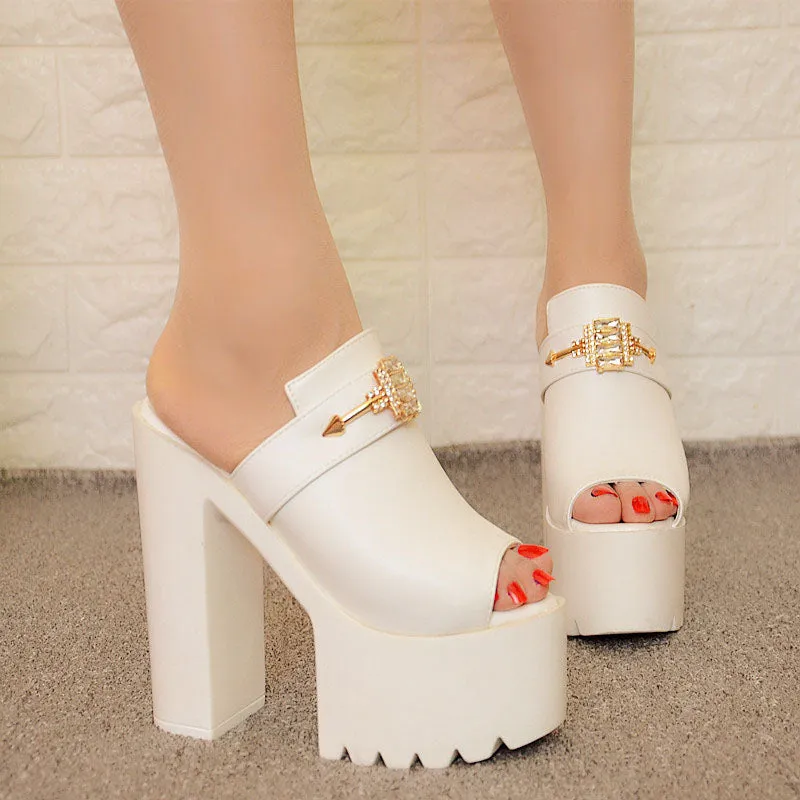 Patchwork PU Chunky Heel Peep-toe Slipper High Heel Sandals