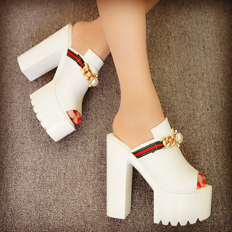 Patchwork PU Chunky Heel Peep-toe Slipper High Heel Sandals