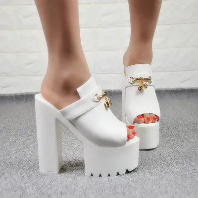 Patchwork PU Chunky Heel Peep-toe Slipper High Heel Sandals