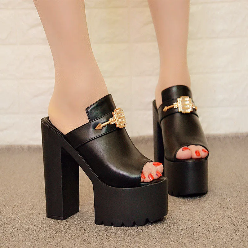 Patchwork PU Chunky Heel Peep-toe Slipper High Heel Sandals