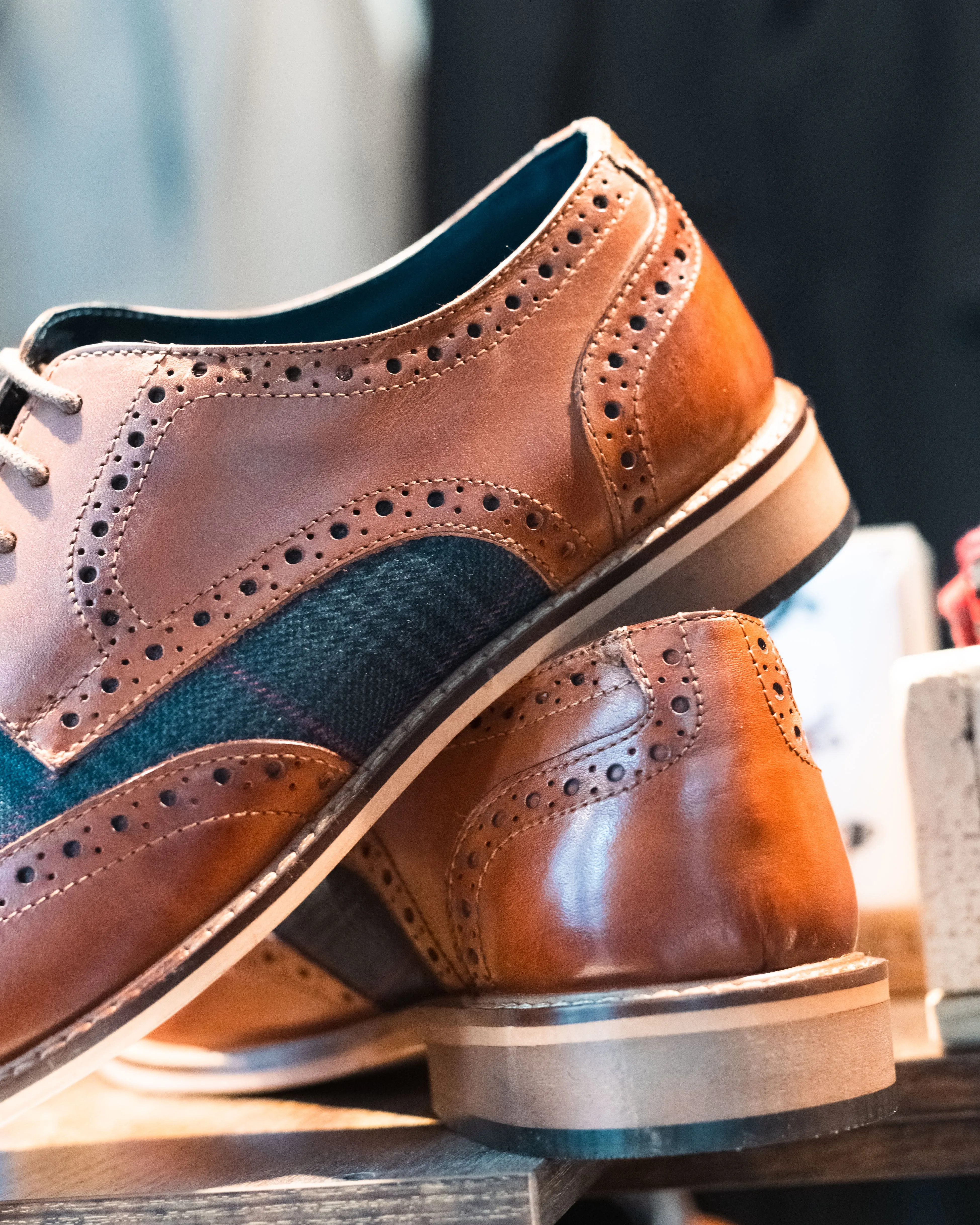 Roamers Tan With Navy Check Contrast Brogues