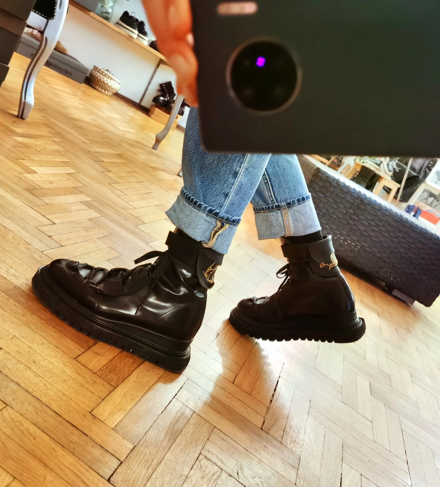 Seaside Greetings black leather booties