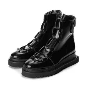 Seaside Greetings black leather booties