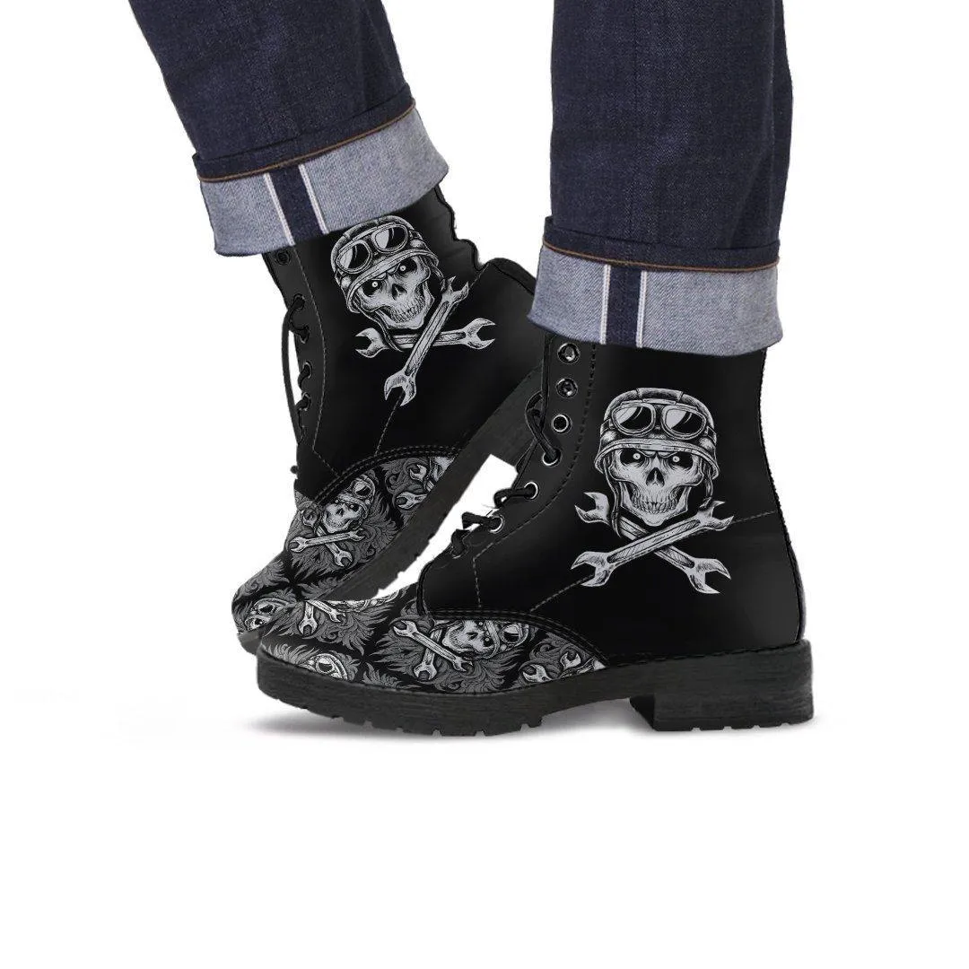 Skull Motif Gothic Biker Boots, Vegan-Friendly Leather, Black
