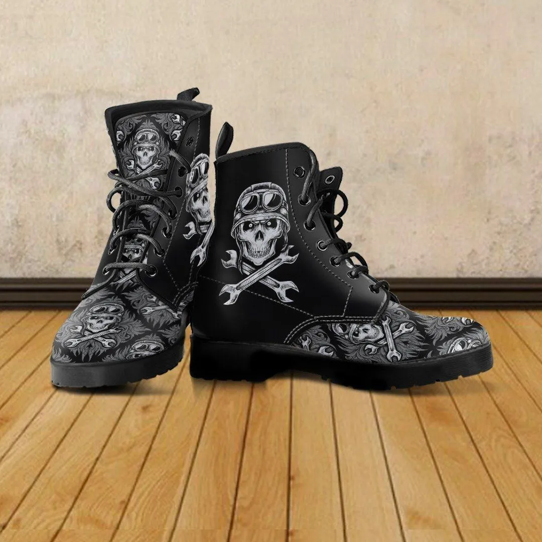 Skull Motif Gothic Biker Boots, Vegan-Friendly Leather, Black