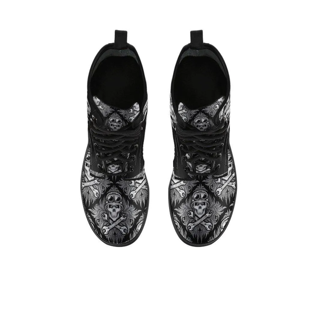 Skull Motif Gothic Biker Boots, Vegan-Friendly Leather, Black