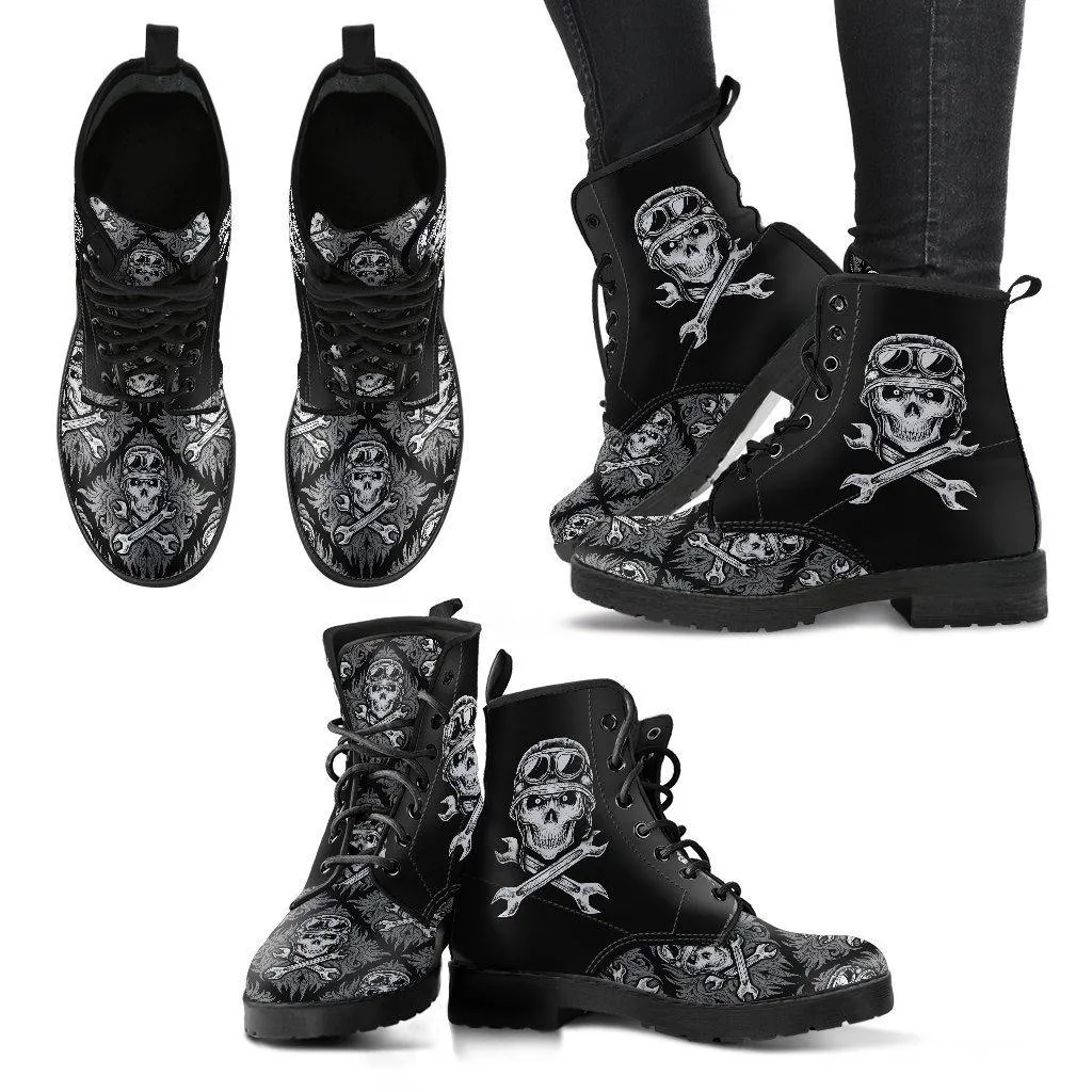 Skull Motif Gothic Biker Boots, Vegan-Friendly Leather, Black
